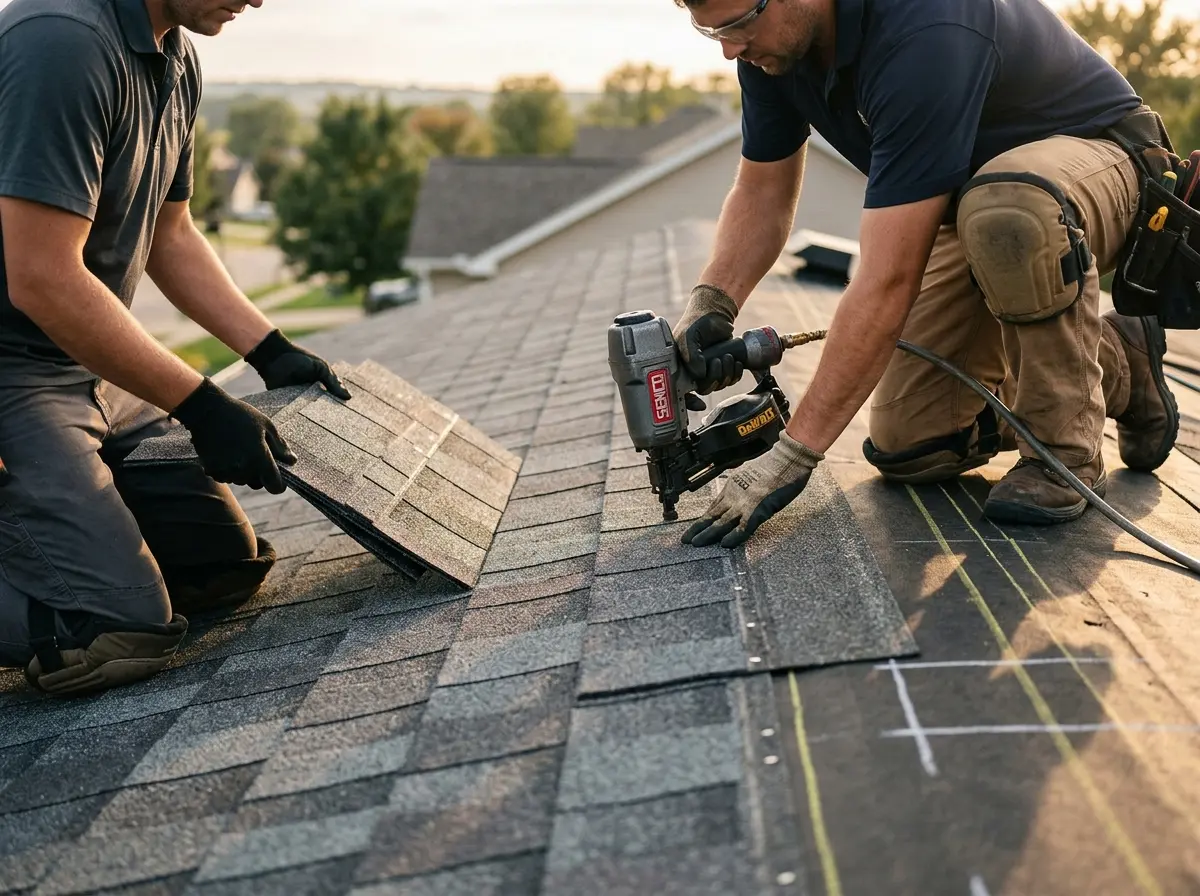 Professional roofer working on a residential roof in East Windsor